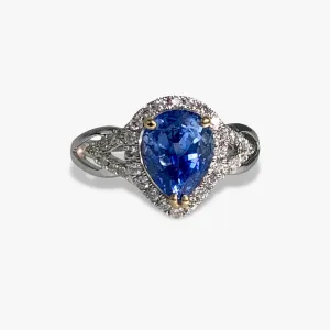 14k White Gold Pear-Shaped Blue Sapphire Diamond Ring