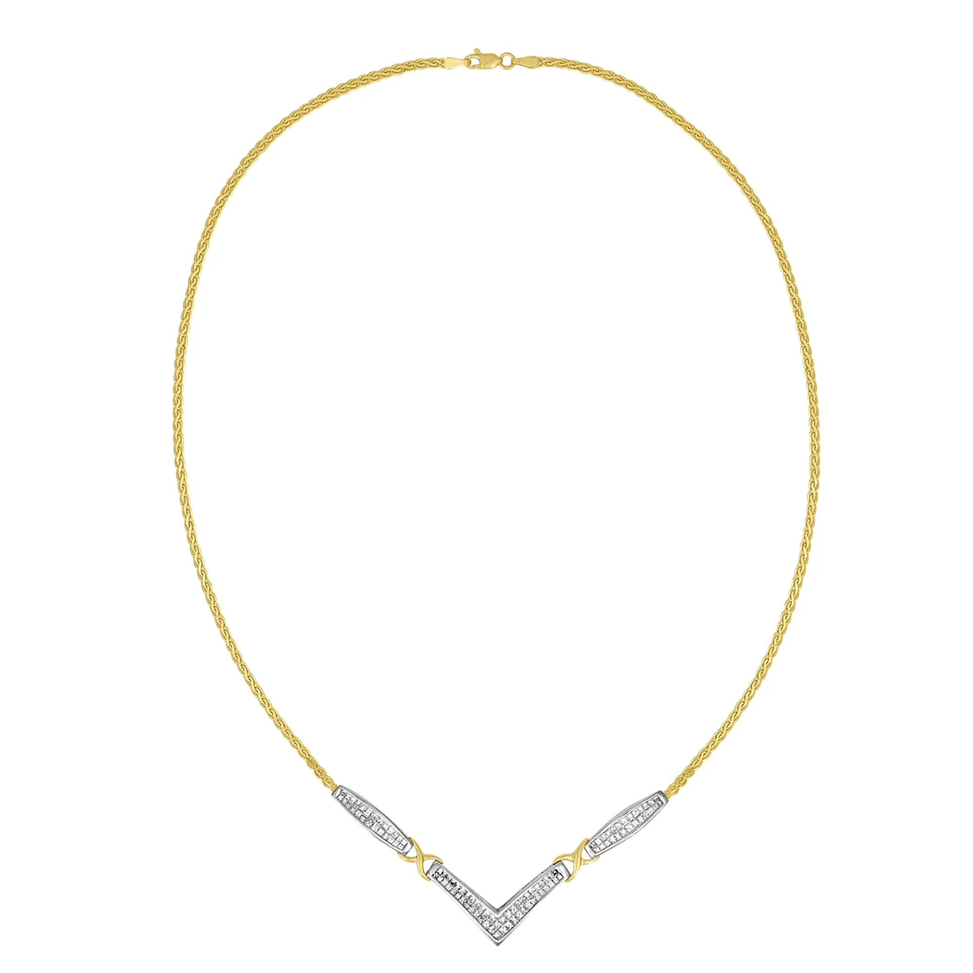 14K Yellow and White Gold 2.0 Cttw Princess Cut Diamond Flared and X-Station V Shaped 18” Franco Chain Statement Necklace