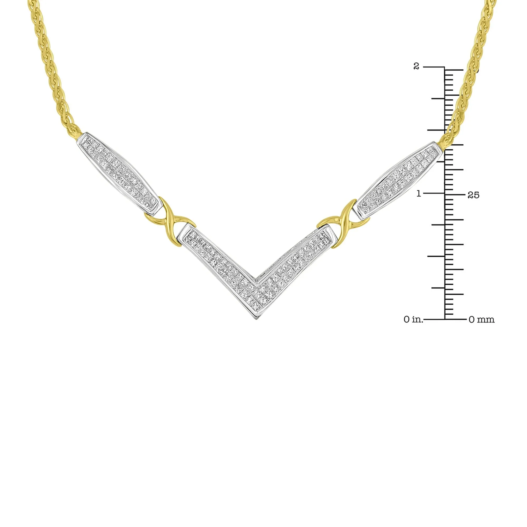 14K Yellow and White Gold 2.0 Cttw Princess Cut Diamond Flared and X-Station V Shaped 18” Franco Chain Statement Necklace