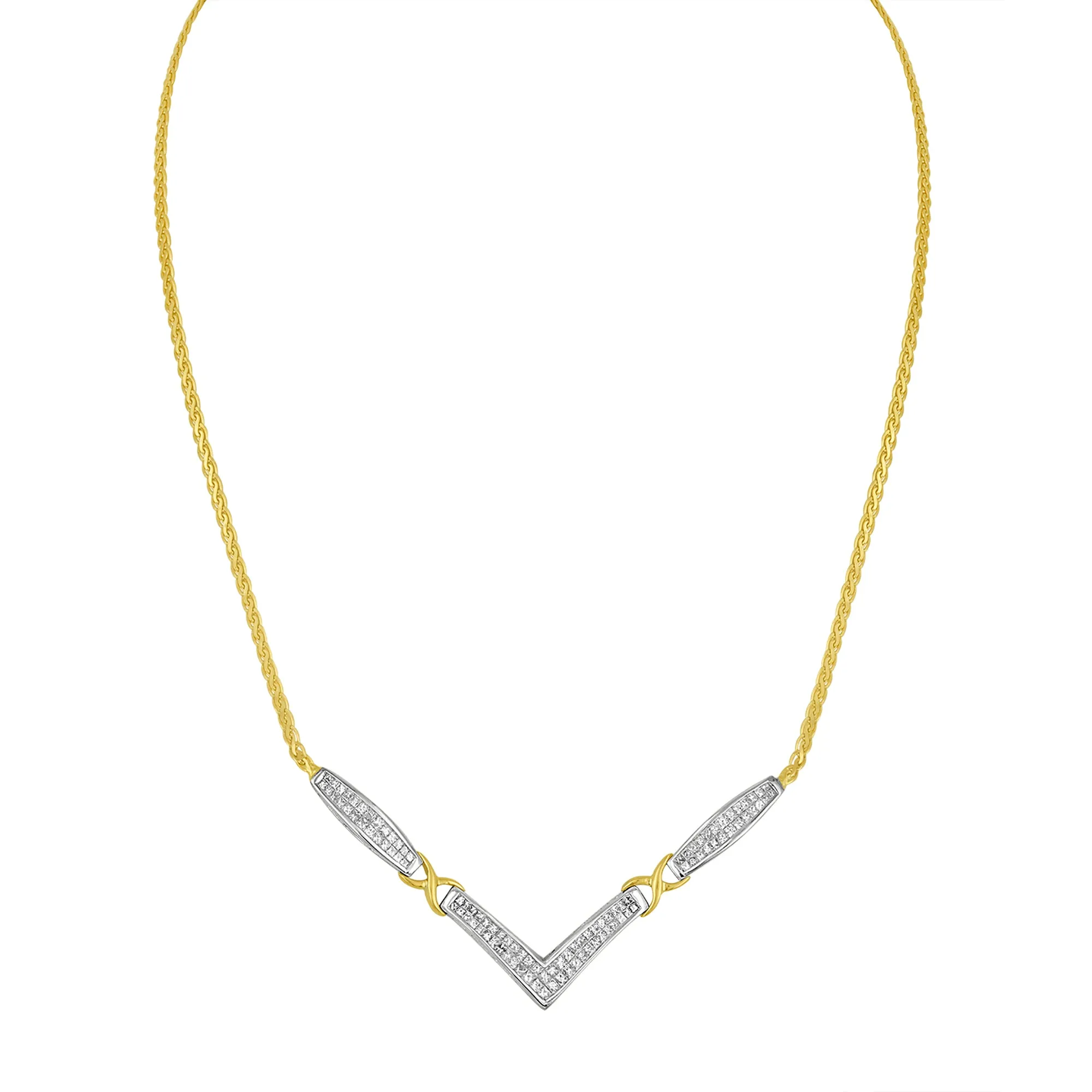 14K Yellow and White Gold 2.0 Cttw Princess Cut Diamond Flared and X-Station V Shaped 18” Franco Chain Statement Necklace