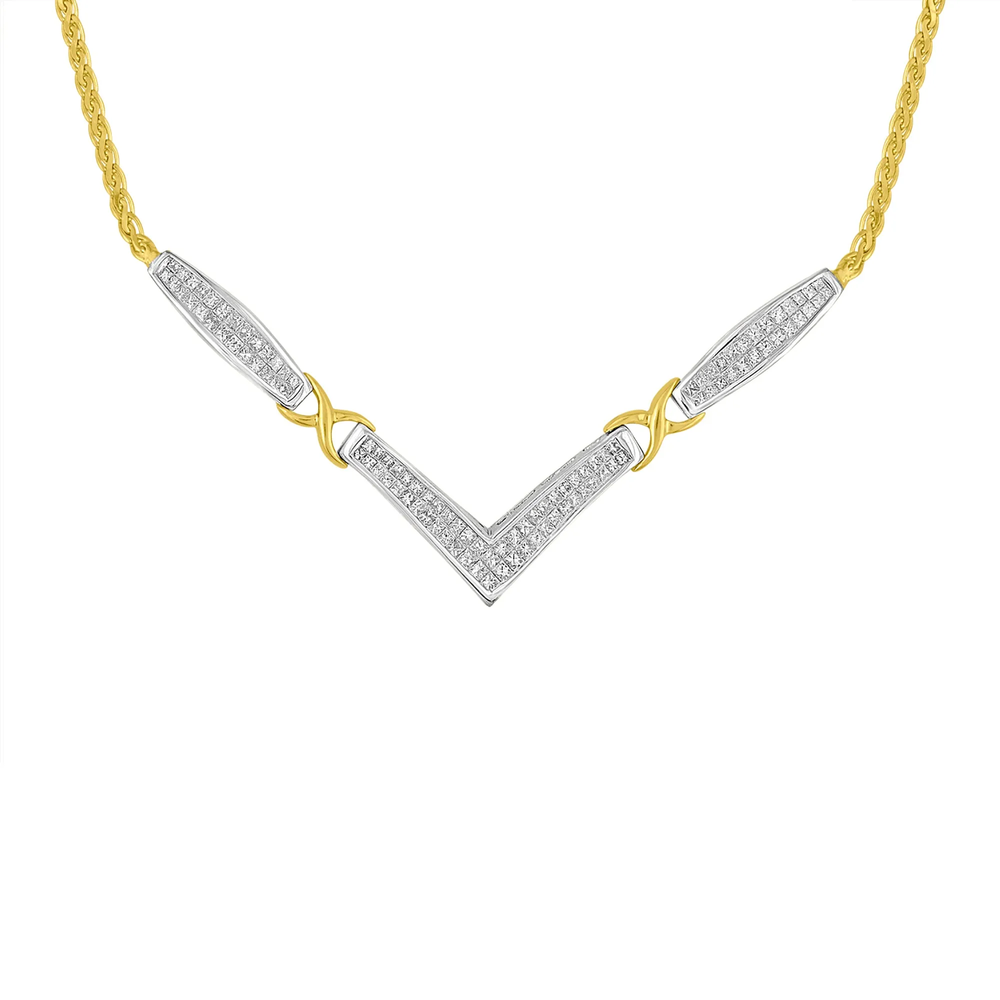 14K Yellow and White Gold 2.0 Cttw Princess Cut Diamond Flared and X-Station V Shaped 18” Franco Chain Statement Necklace
