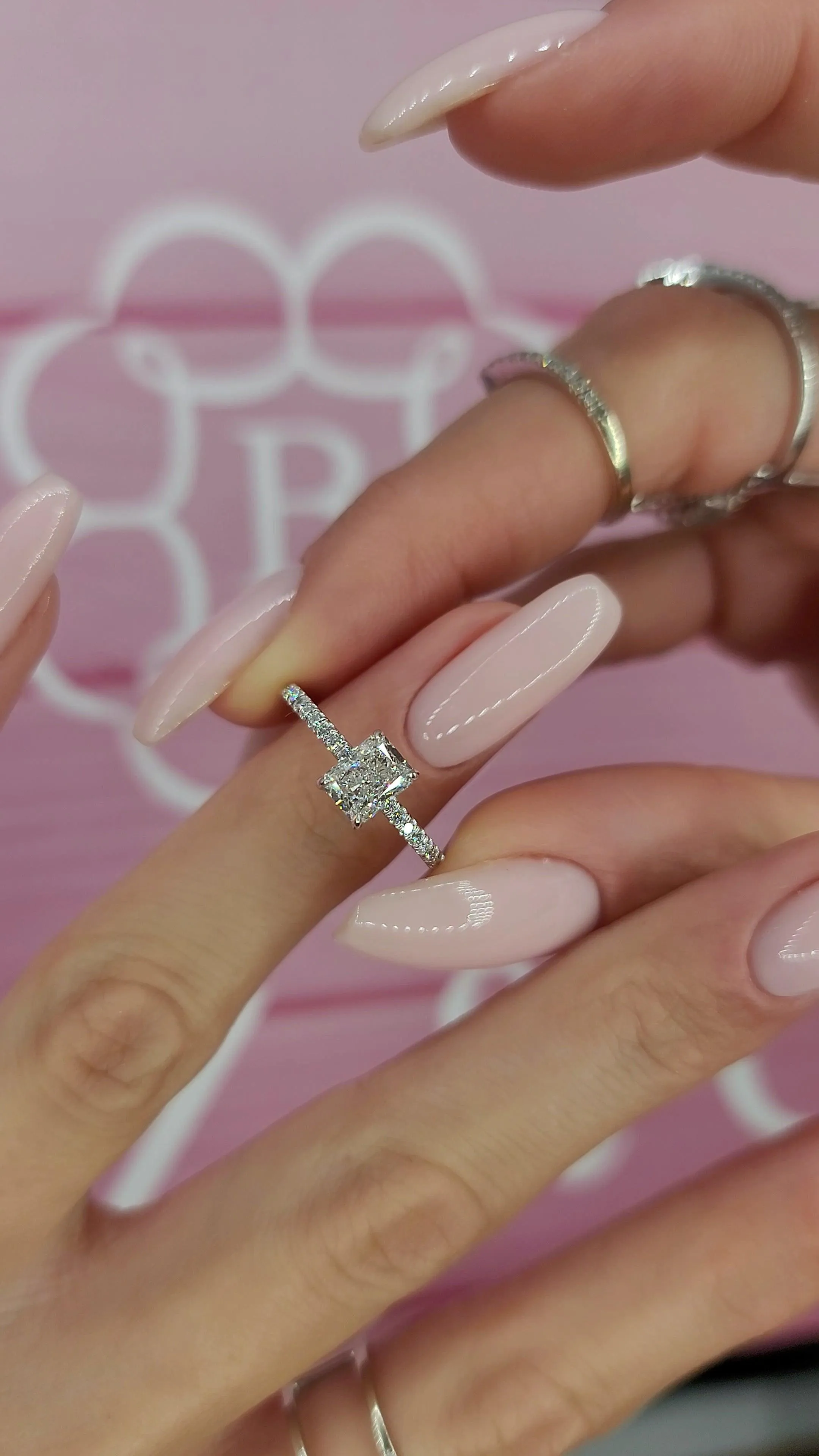 1.54 Carats Lab Grown Radiant Cut Micropaved Side Stones Hidden Halo Diamond Engagement Ring