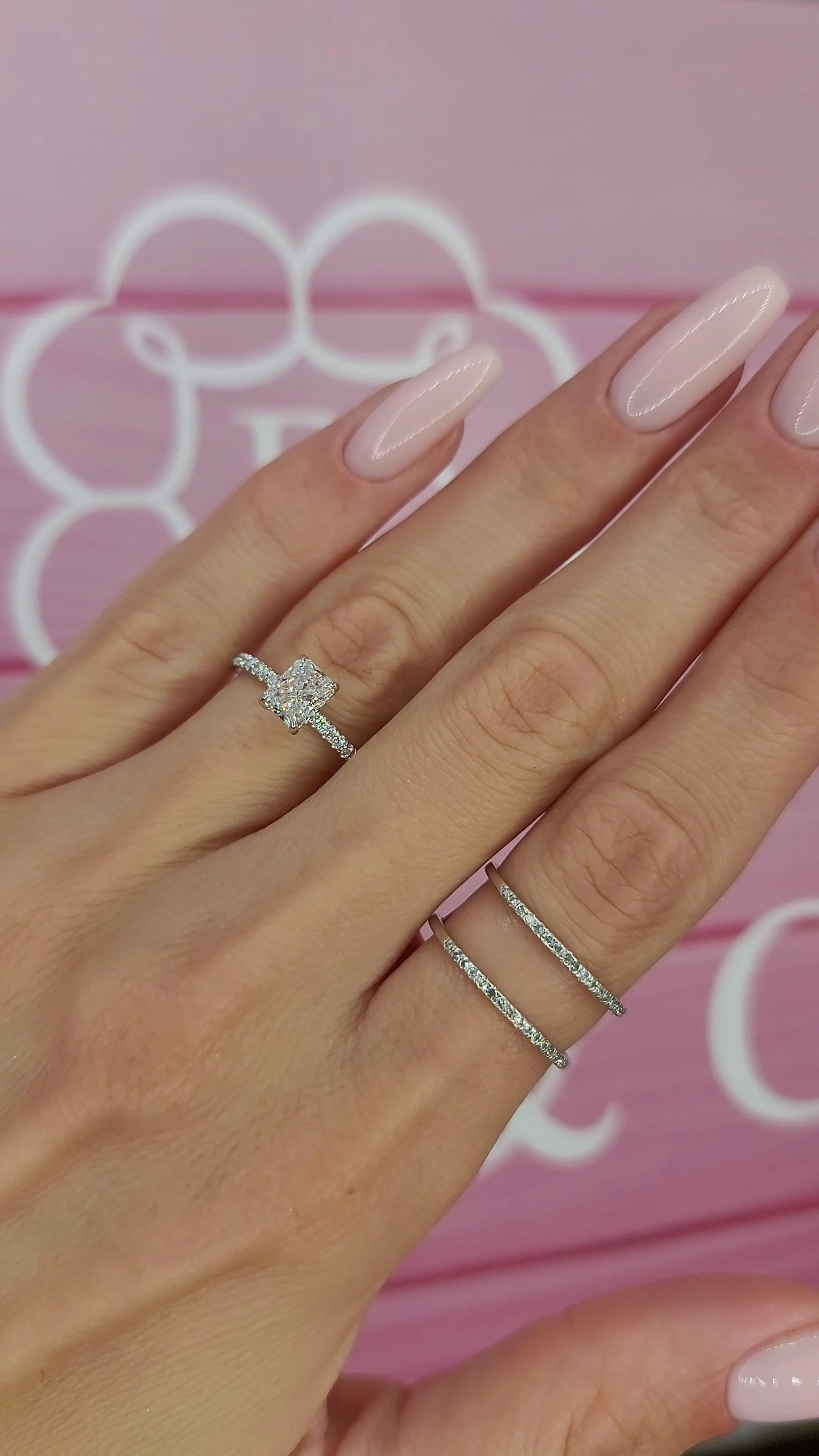 1.54 Carats Lab Grown Radiant Cut Micropaved Side Stones Hidden Halo Diamond Engagement Ring
