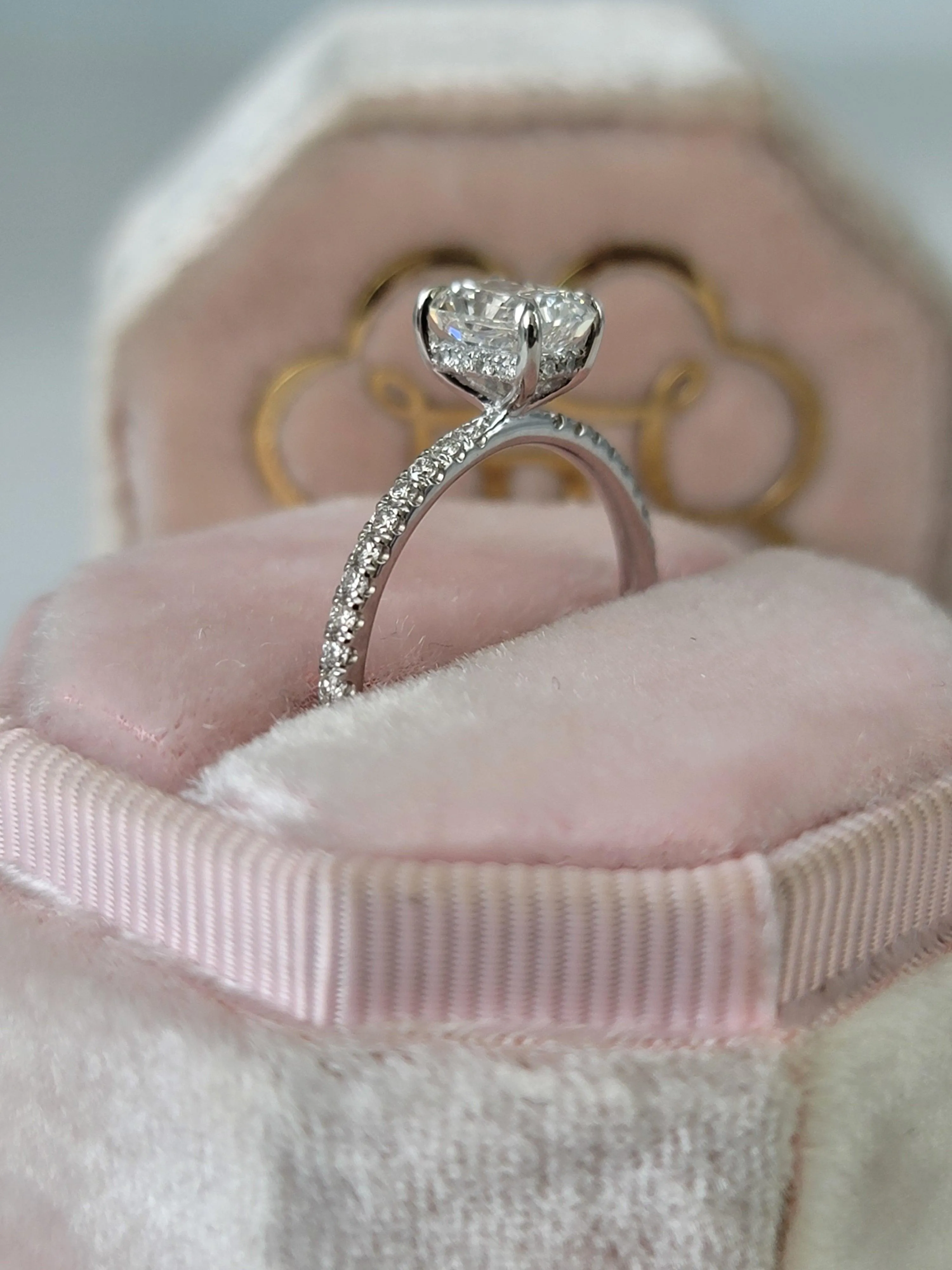 1.54 Carats Lab Grown Radiant Cut Micropaved Side Stones Hidden Halo Diamond Engagement Ring