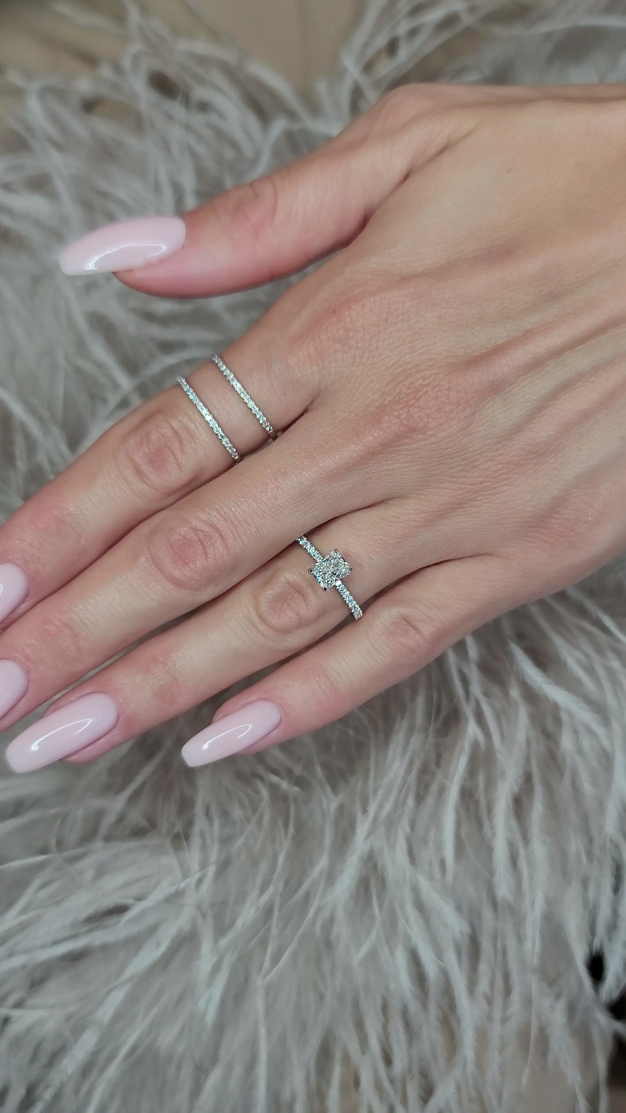 1.54 Carats Lab Grown Radiant Cut Micropaved Side Stones Hidden Halo Diamond Engagement Ring