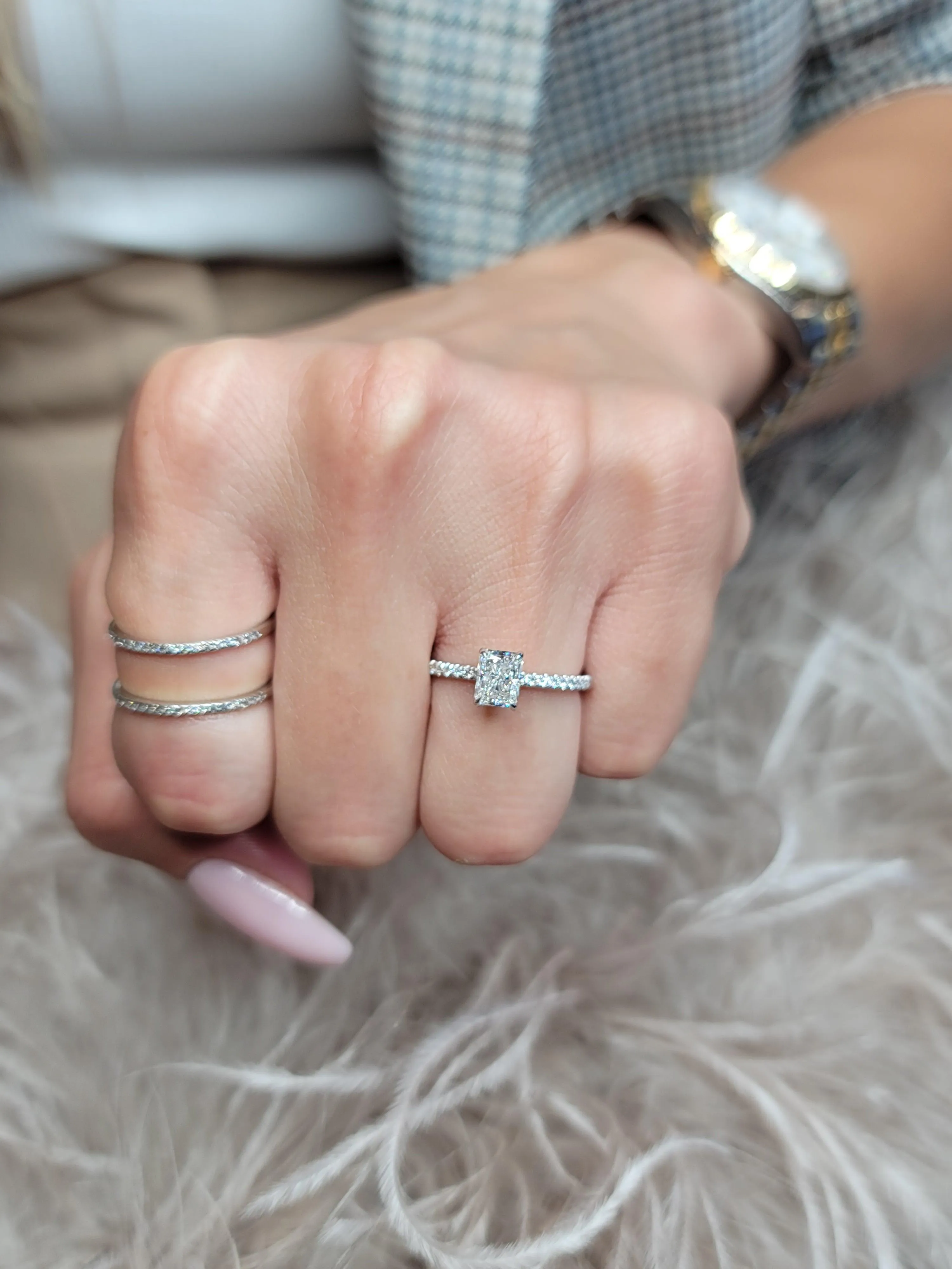 1.54 Carats Lab Grown Radiant Cut Micropaved Side Stones Hidden Halo Diamond Engagement Ring