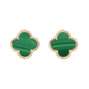 18ct Rose Gold Malachite Bloom Four Leaf Clover Ball Edge Stud Earrings