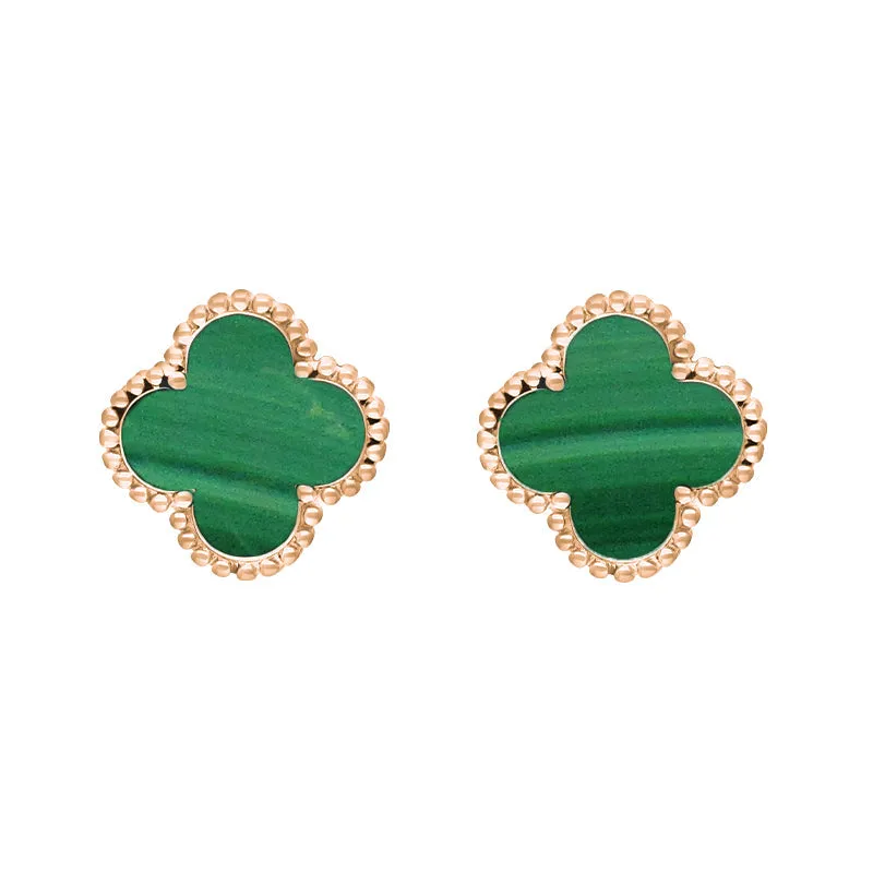 18ct Rose Gold Malachite Bloom Four Leaf Clover Ball Edge Stud Earrings