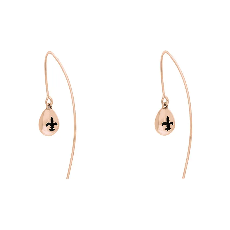 18ct Rose Gold Whitby Jet Fleur De Lis Disc Drop Earrings