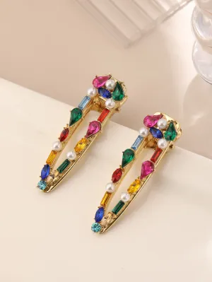 2pcs Elegant Rhinestone Waterdrop & Square Shaped Alligator Hair Clip Hairpins