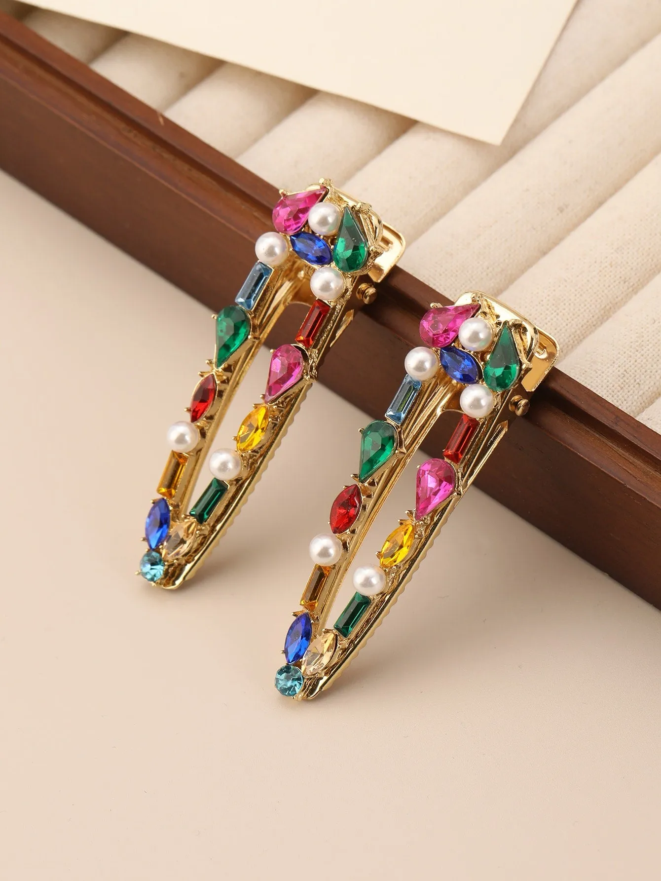 2pcs Elegant Rhinestone Waterdrop & Square Shaped Alligator Hair Clip Hairpins