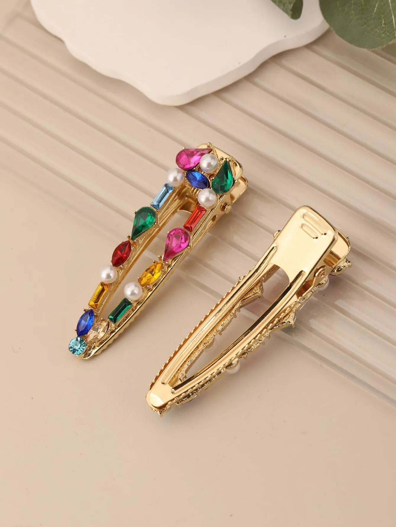 2pcs Elegant Rhinestone Waterdrop & Square Shaped Alligator Hair Clip Hairpins