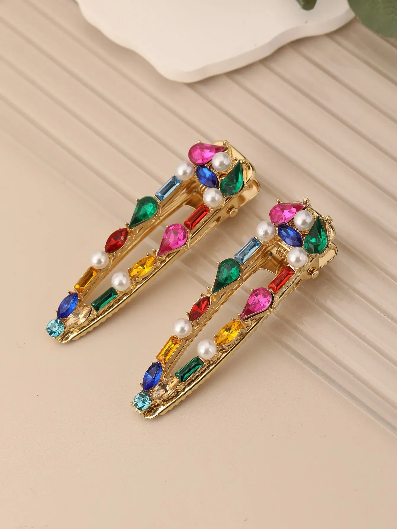 2pcs Elegant Rhinestone Waterdrop & Square Shaped Alligator Hair Clip Hairpins