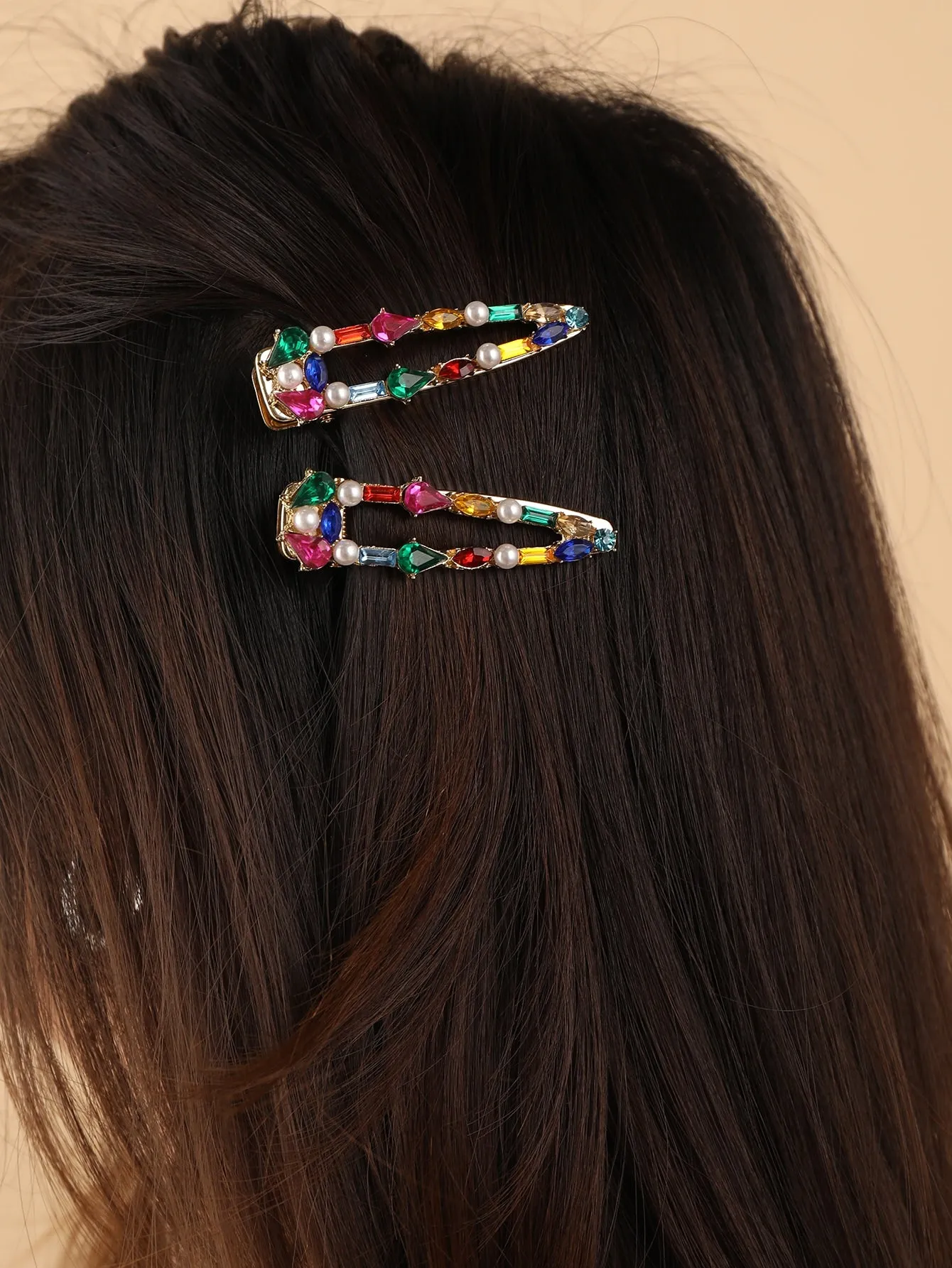 2pcs Elegant Rhinestone Waterdrop & Square Shaped Alligator Hair Clip Hairpins