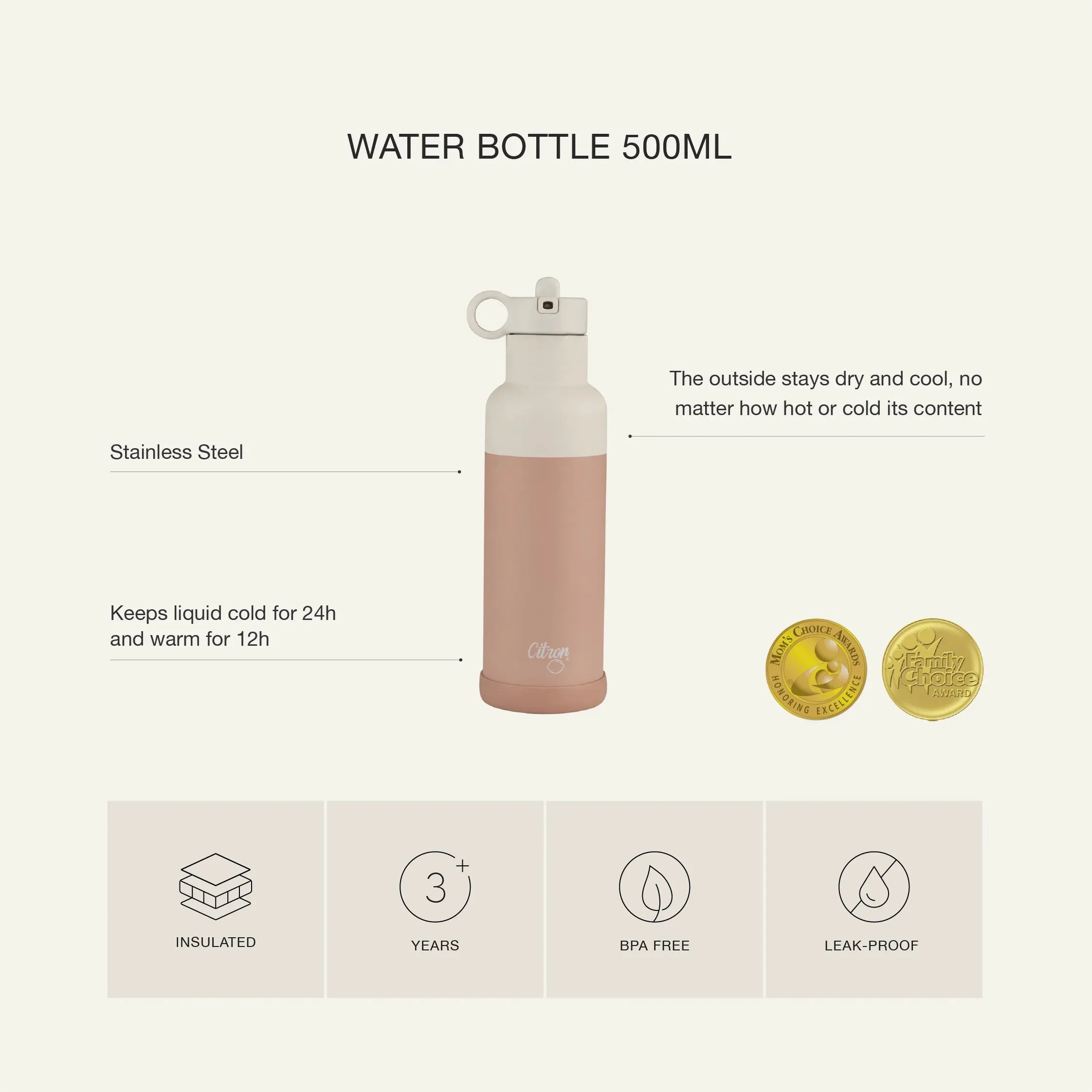 500ml Insulated Water Bottle Pink