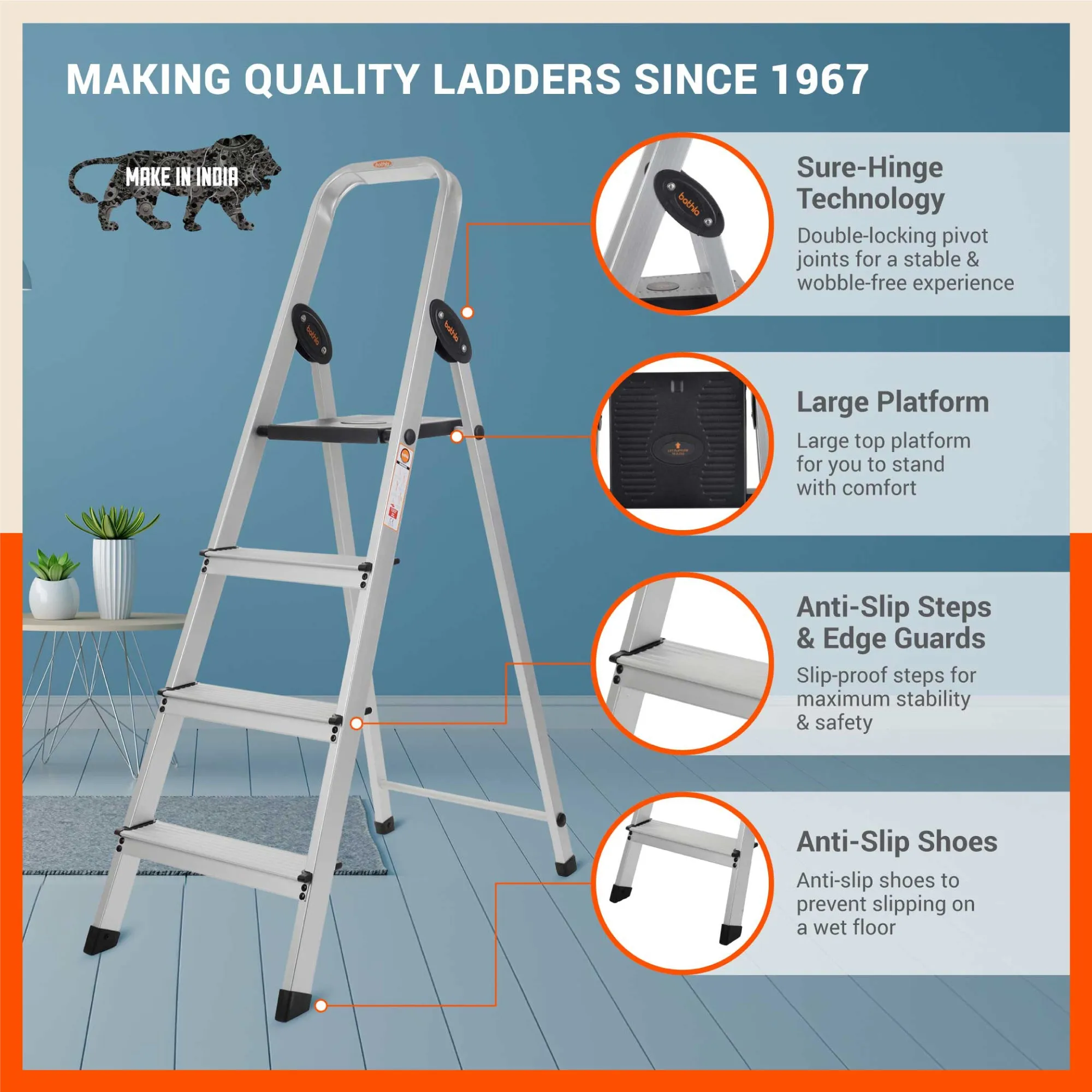 Bathla Advance Carbon - 4 Step Foldable Aluminium Ladder For Home (Black)