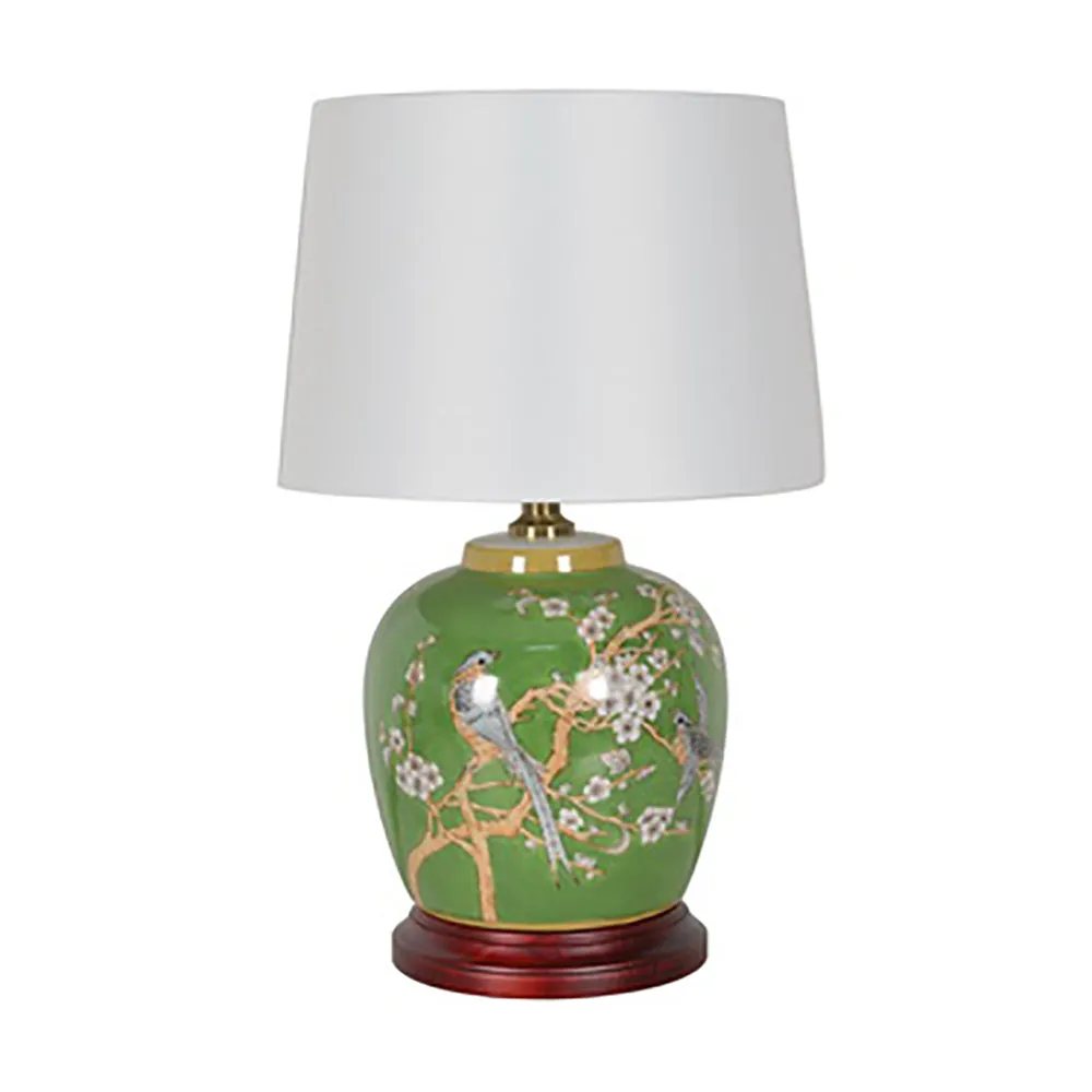 Bird Motif Jar Lamp w/ Wooden Base 19"