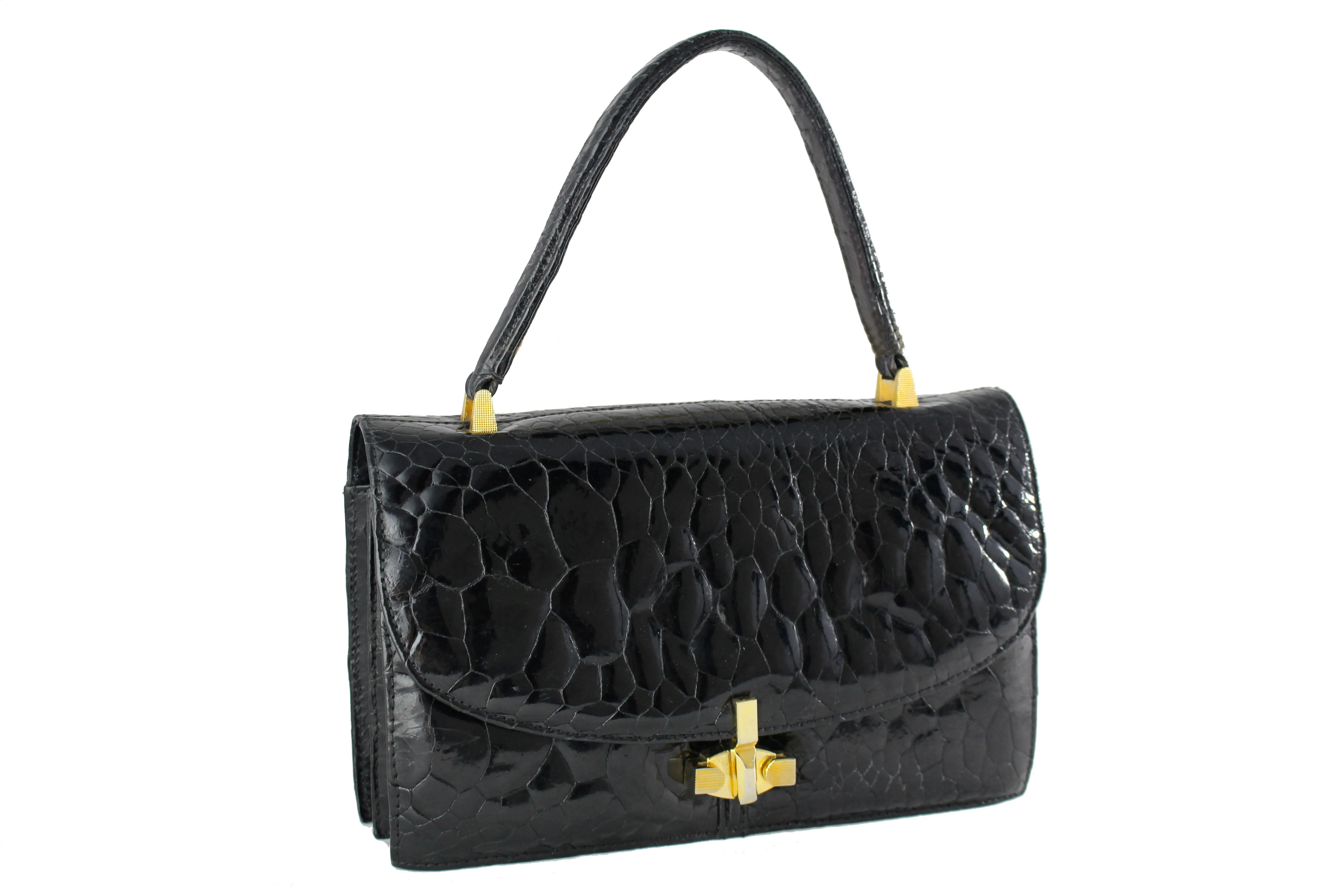 Black turtle skin flap bag with top handle