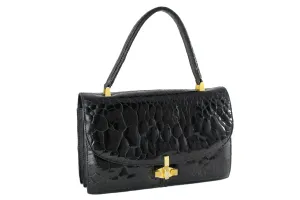 Black turtle skin flap bag with top handle