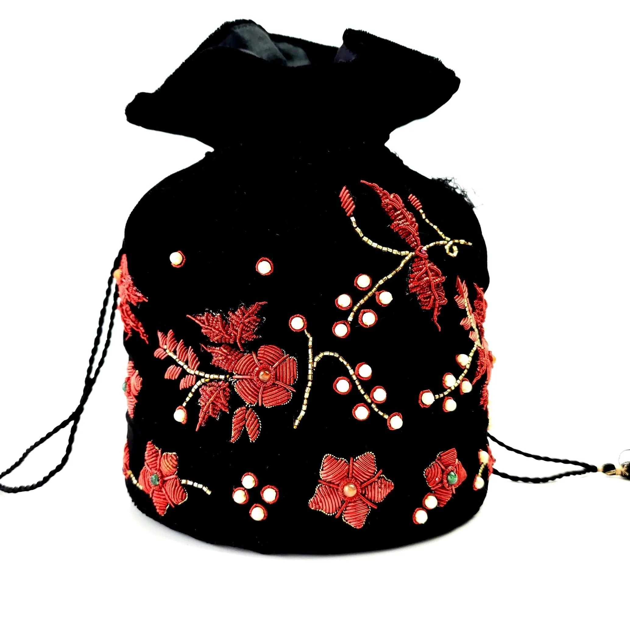 Black Velvet Bucket Bag Potli Bag with Red Flowers