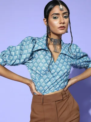 Blue Cotton Blend Printed Crop Top