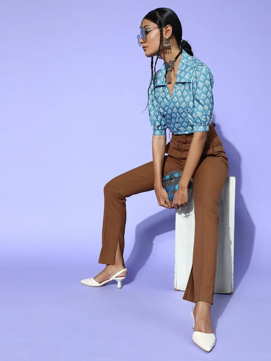 Blue Cotton Blend Printed Crop Top