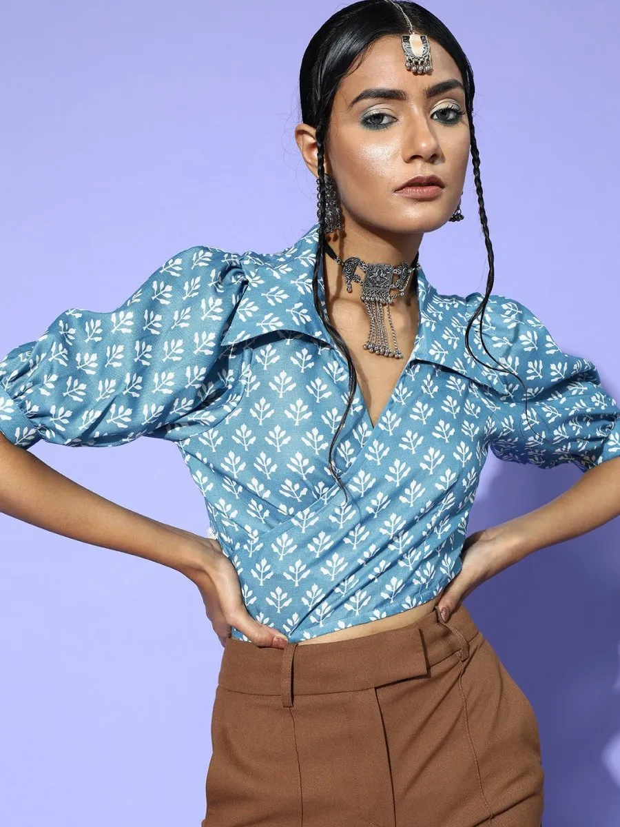 Blue Cotton Blend Printed Crop Top