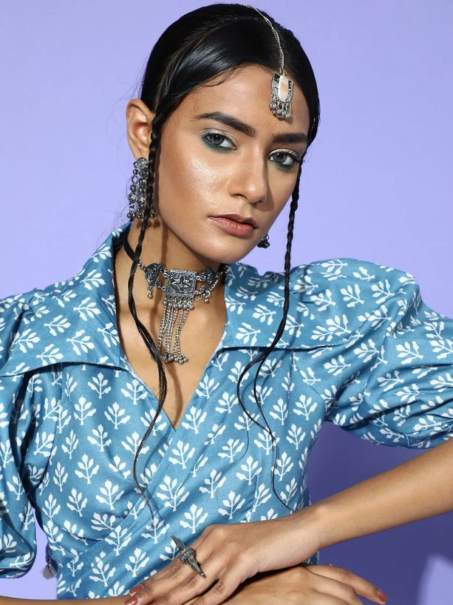 Blue Cotton Blend Printed Crop Top