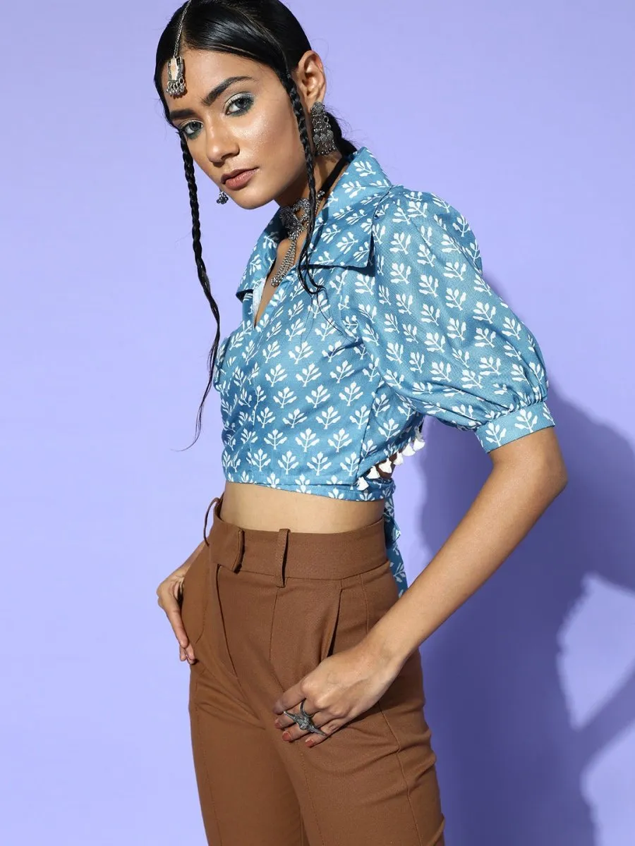 Blue Cotton Blend Printed Crop Top
