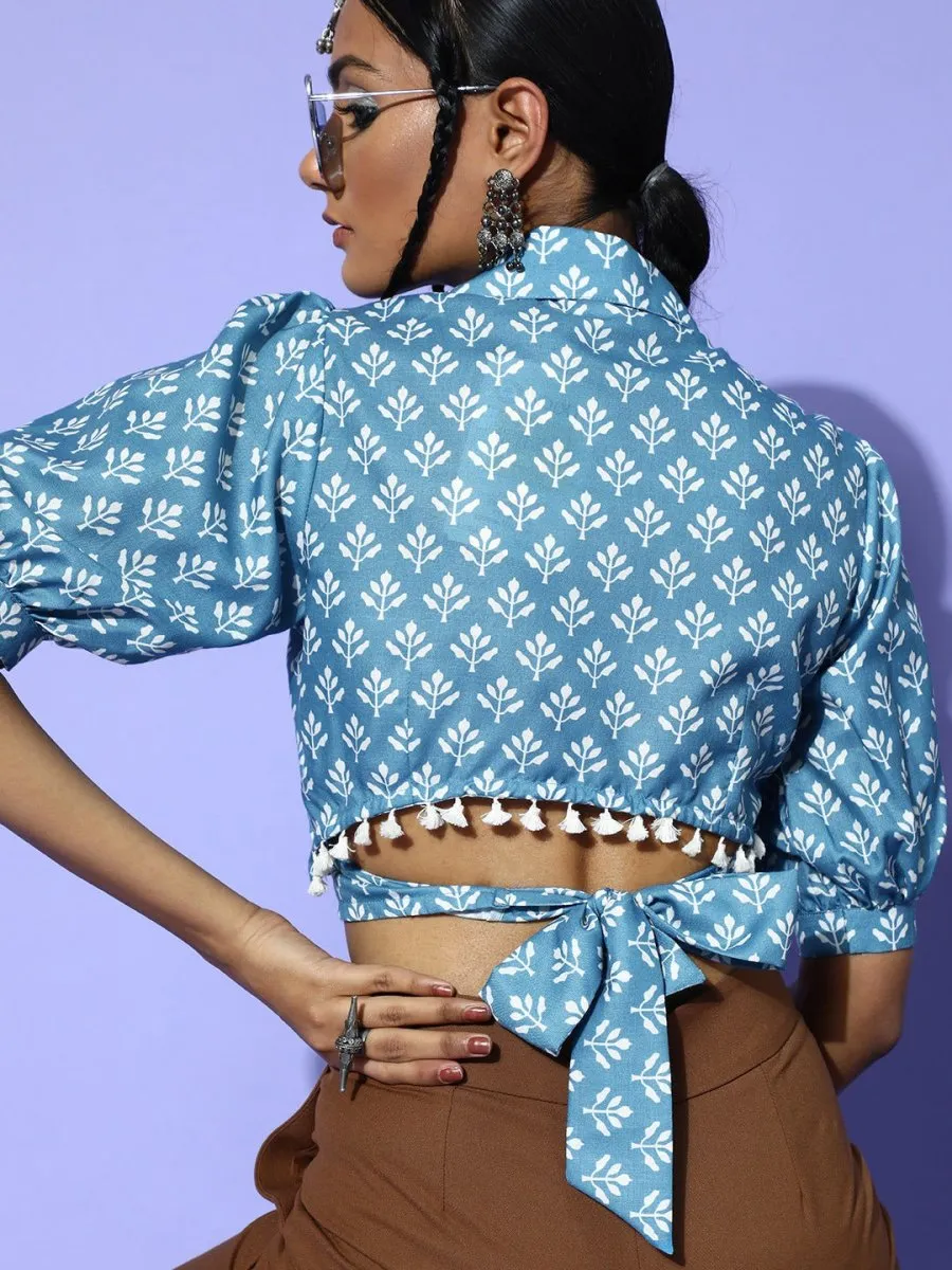 Blue Cotton Blend Printed Crop Top