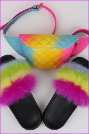 Blue Green Yellow Pink Fur Slides & Waist Bag Set #6 F952