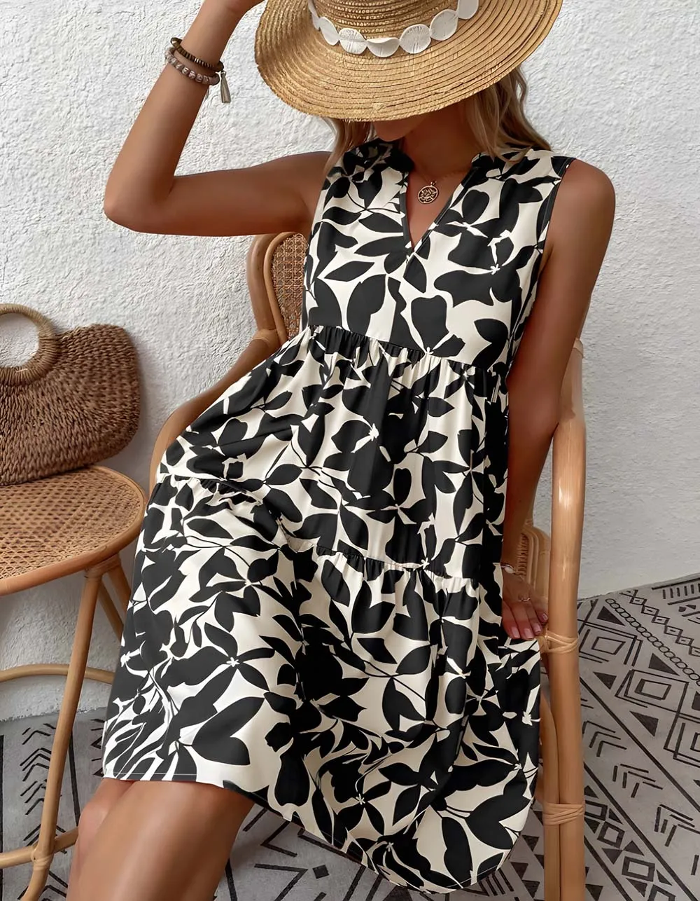 Bohemian Loose V-Neck Pleated Plants Print A Line Dresses