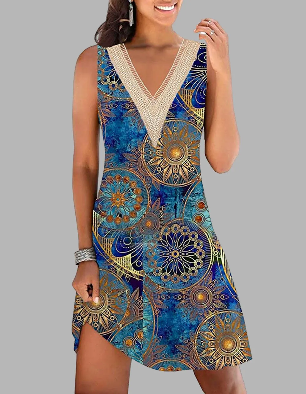 Botanical Floral Printed V-Neck High Waist Lace Loose Midi A-Line Dresses