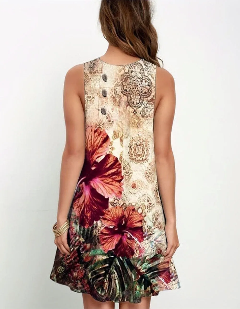 Botanical Floral Printed V-Neck High Waist Lace Loose Midi A-Line Dresses