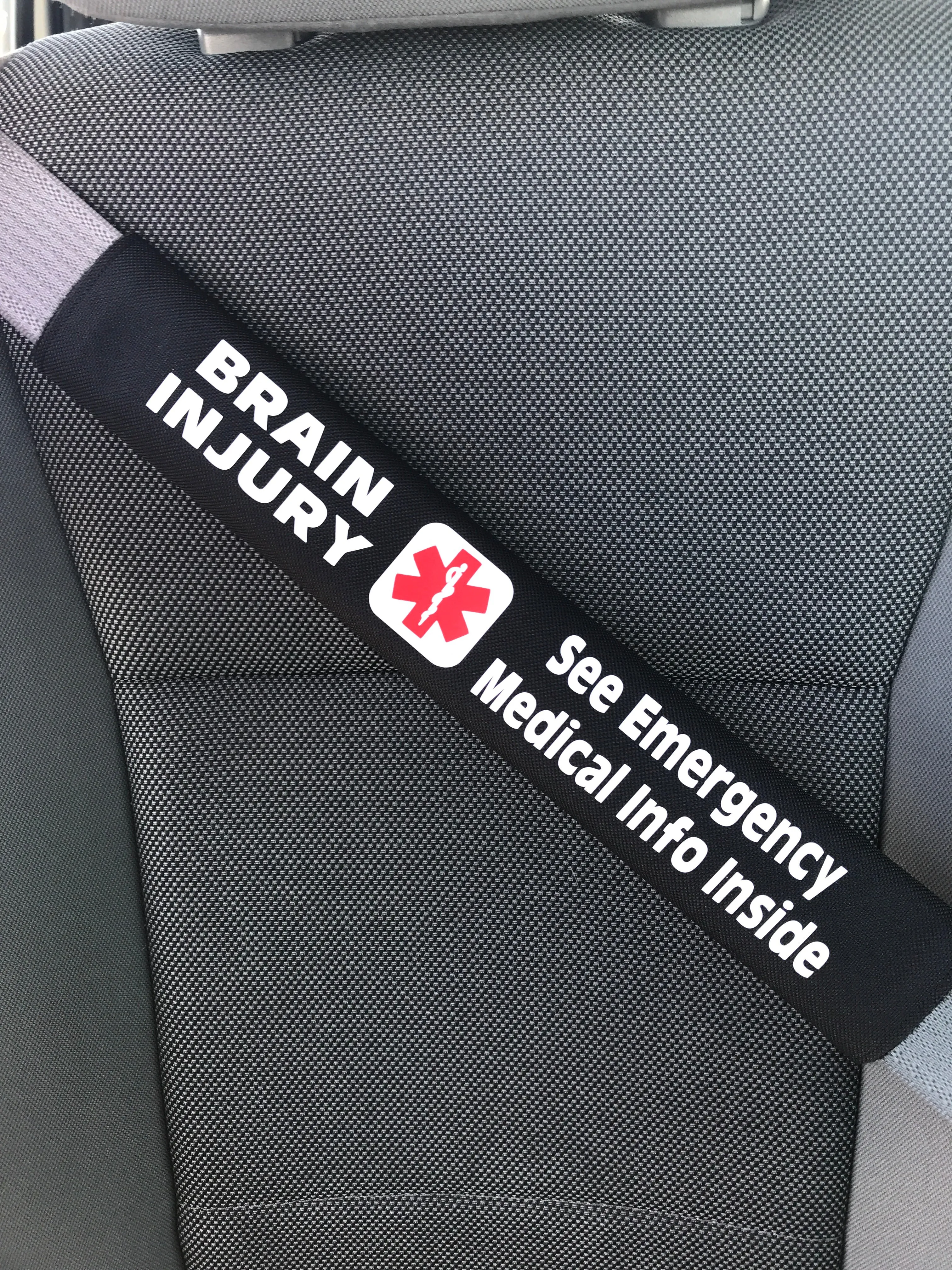 Brain Injury - Medical Alert Seat Belt Cover - Inside Pocket - Medical Info Sheet