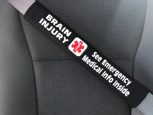 Brain Injury - Medical Alert Seat Belt Cover - Inside Pocket - Medical Info Sheet