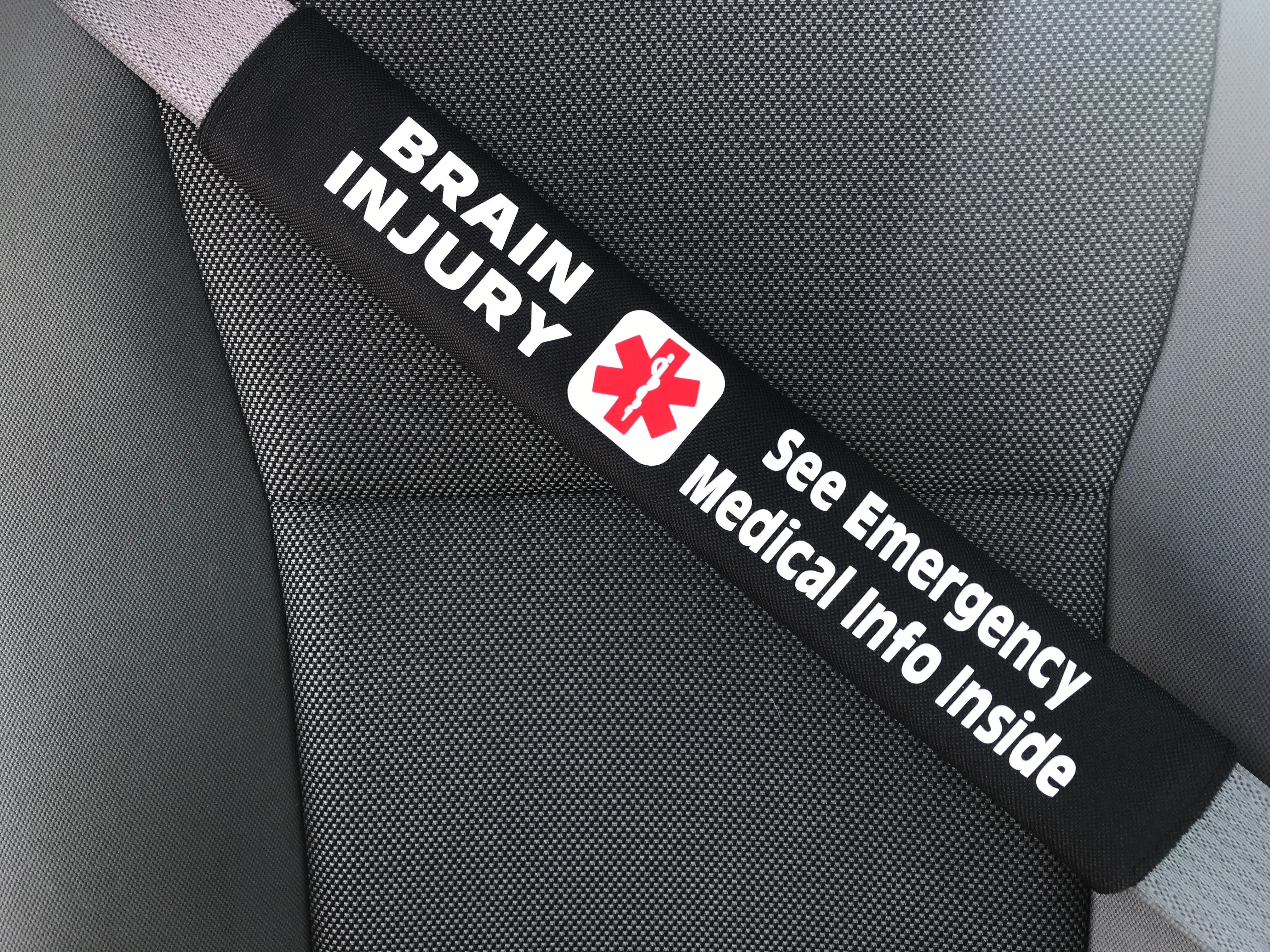 Brain Injury - Medical Alert Seat Belt Cover - Inside Pocket - Medical Info Sheet