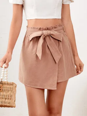 Casual Plain Paper Bag Waist High Waist Mini Women Skirts