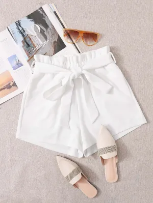 Casual Plain Paper Bag Waist High Waist Women Shorts