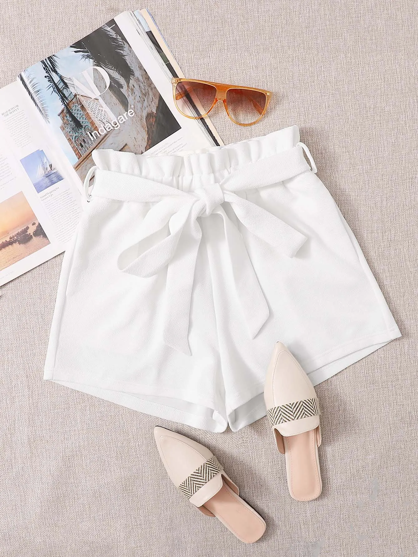 Casual Plain Paper Bag Waist High Waist Women Shorts