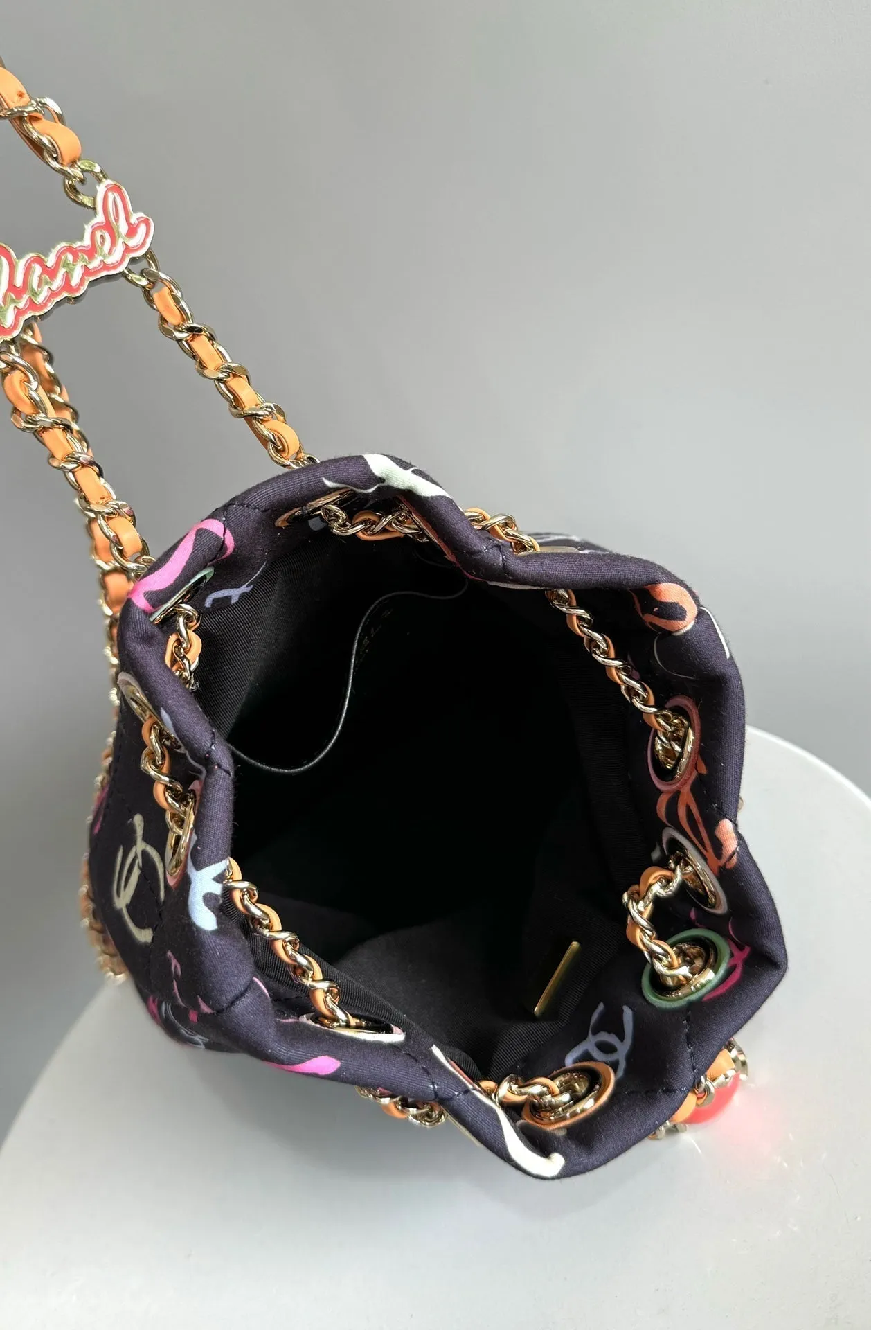CC BACKPACK 22CM BLACK & MANY OTHER COLORS PRINTED FABRIC GOLD HARDWARE