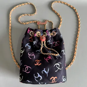 CC BACKPACK 22CM BLACK & MANY OTHER COLORS PRINTED FABRIC GOLD HARDWARE