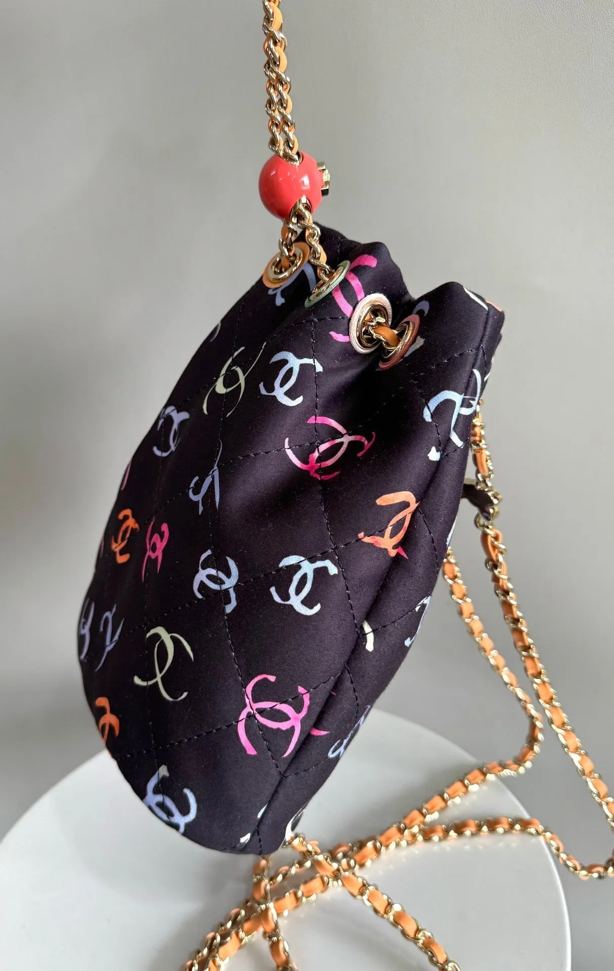 CC BACKPACK 22CM BLACK & MANY OTHER COLORS PRINTED FABRIC GOLD HARDWARE