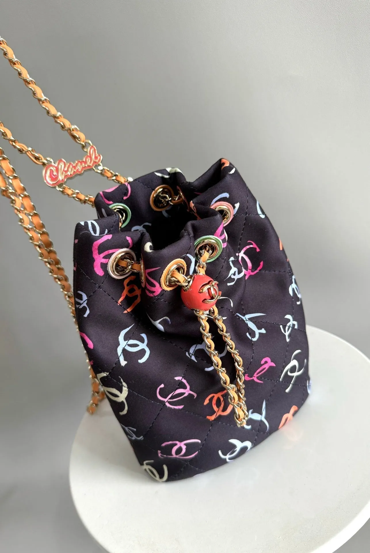 CC BACKPACK 22CM BLACK & MANY OTHER COLORS PRINTED FABRIC GOLD HARDWARE
