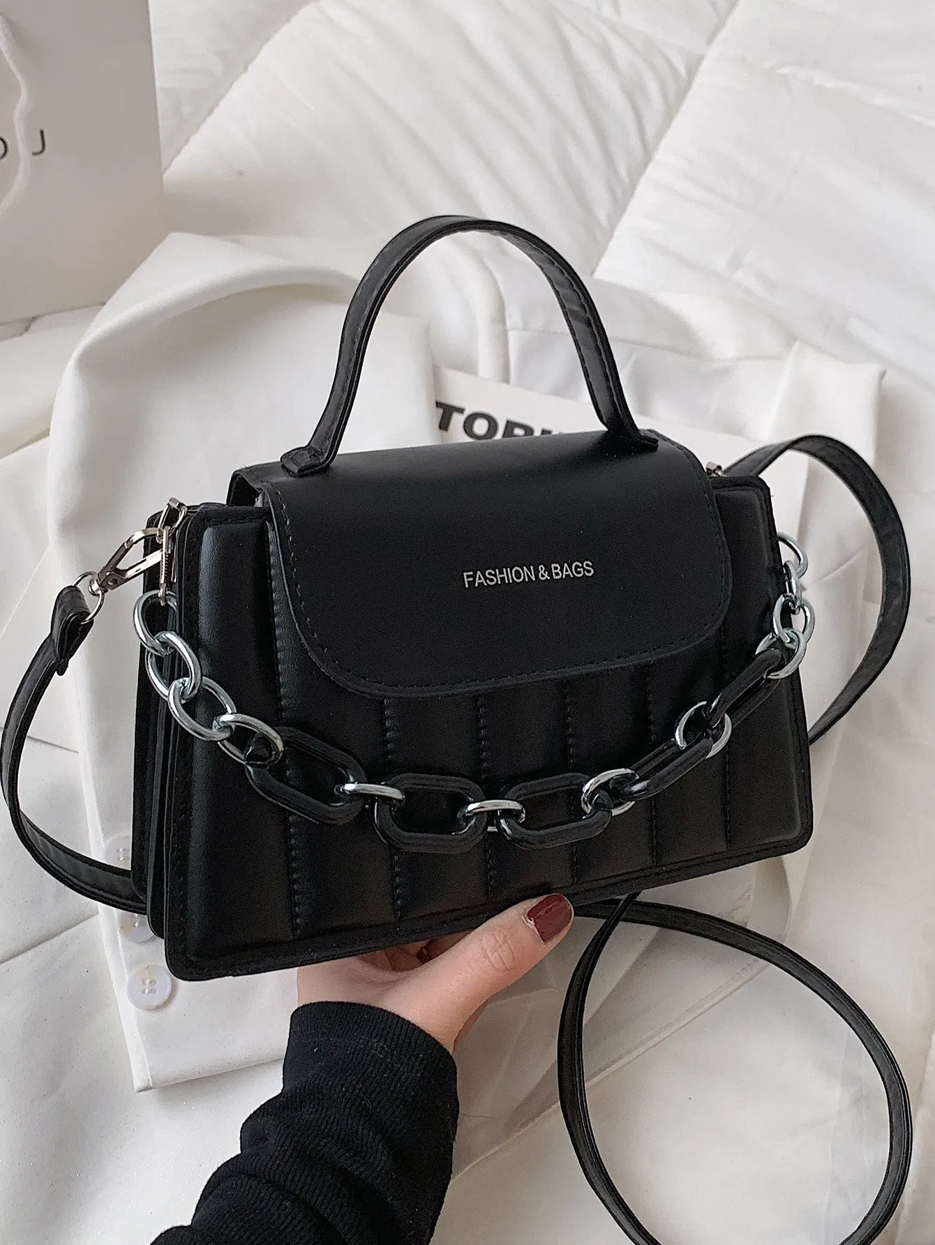 Chain Decor Quilted Satchel Bag