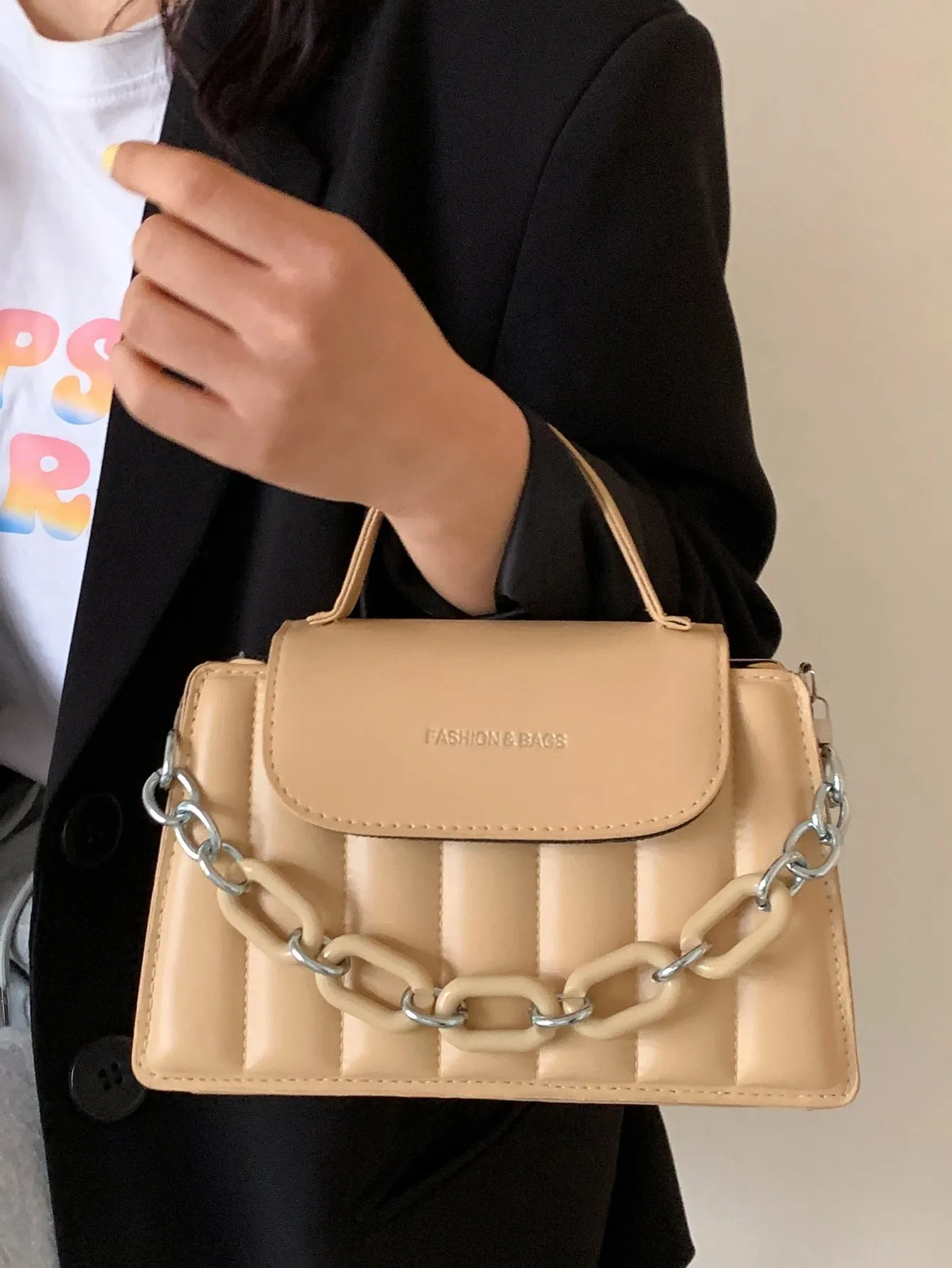 Chain Decor Quilted Satchel Bag