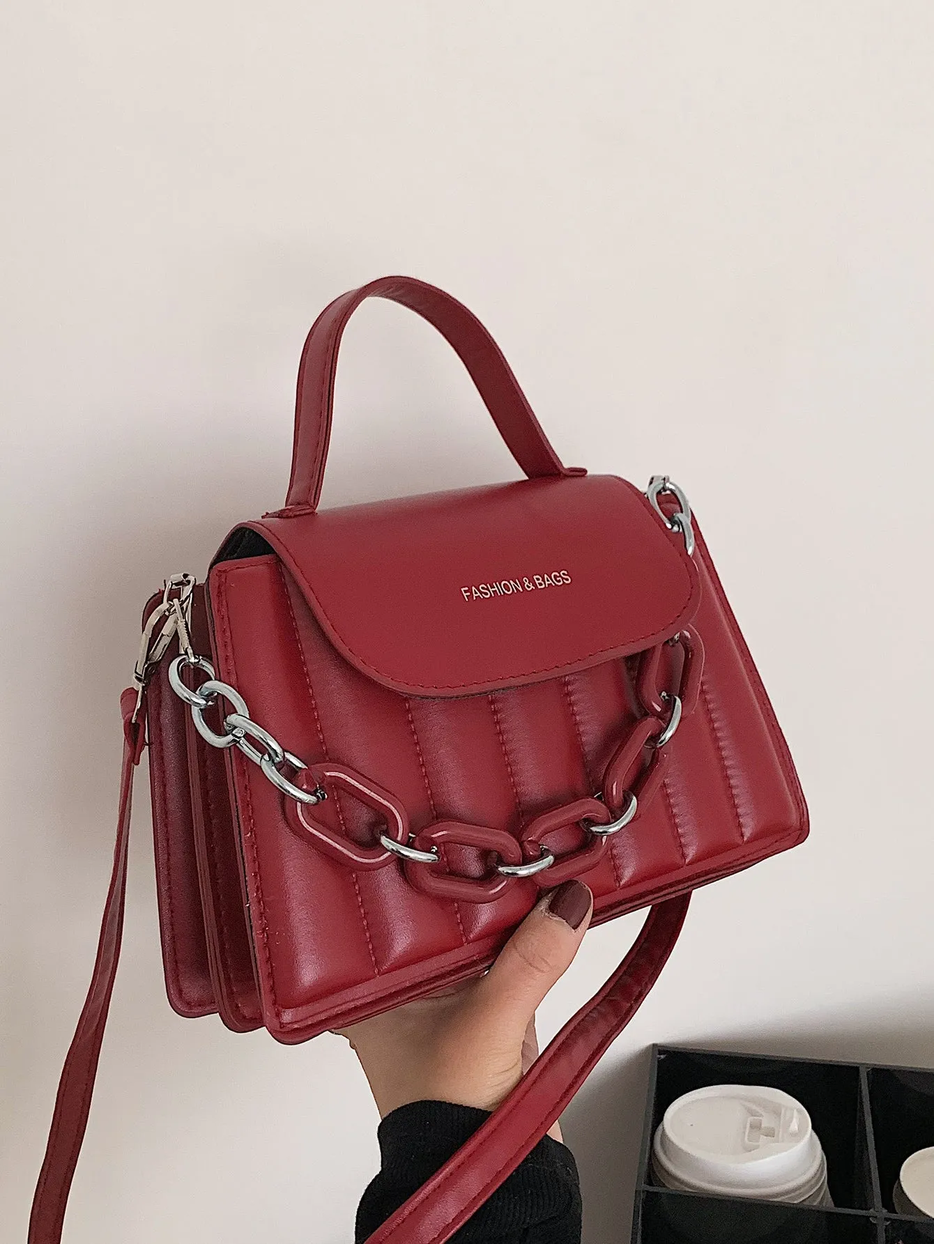 Chain Decor Quilted Satchel Bag