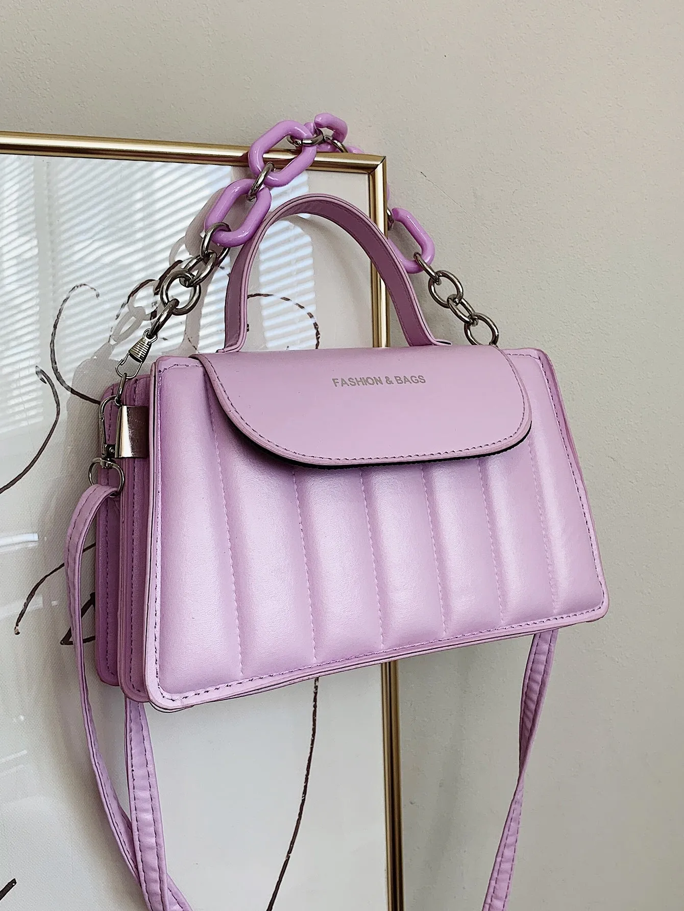Chain Decor Quilted Satchel Bag