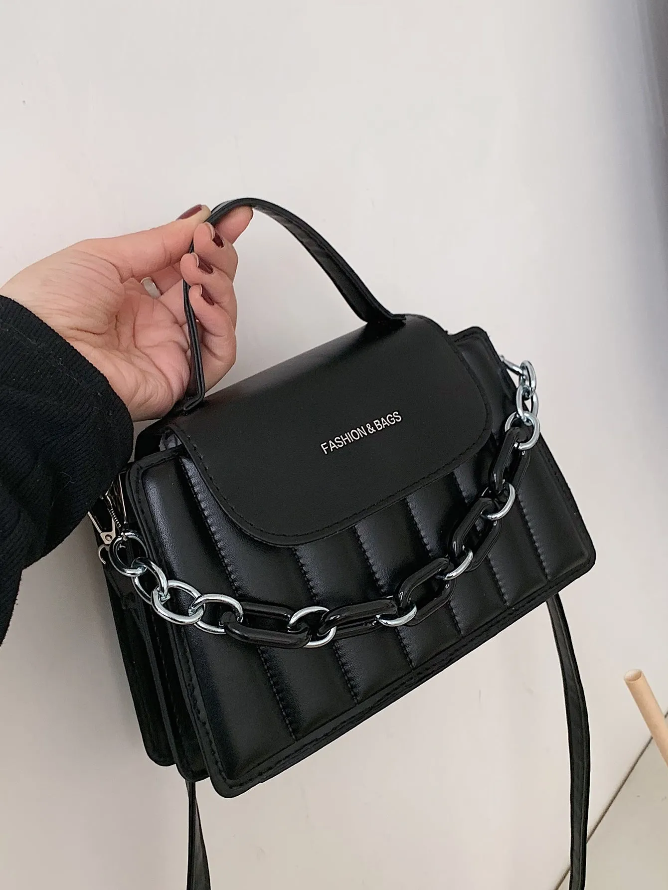 Chain Decor Quilted Satchel Bag