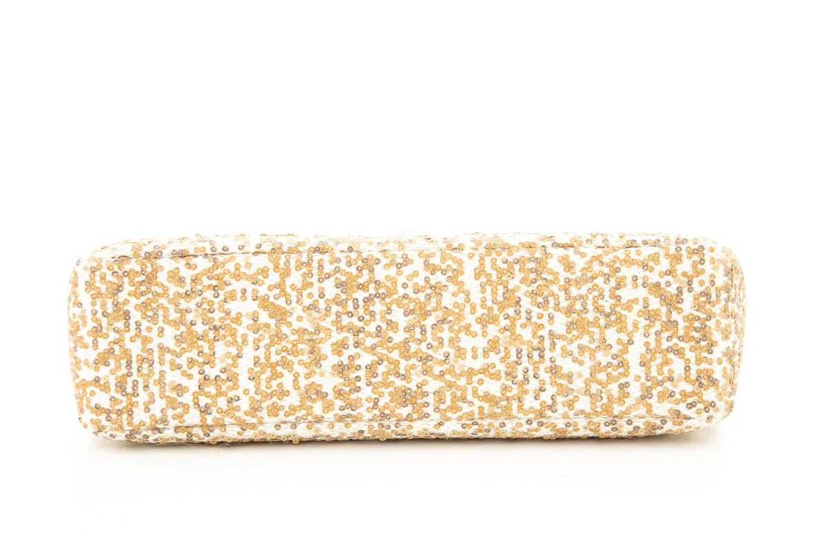 Chanel 2014 Cream Raffia & Gold Sequin Single Flap Large Handbag